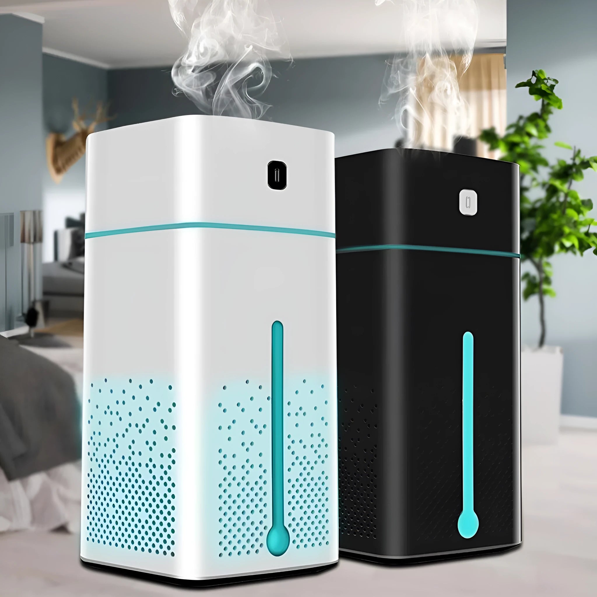 Black or white USB-powered desktop humidifier with 1000ml capacity measuring 103x103x218mm