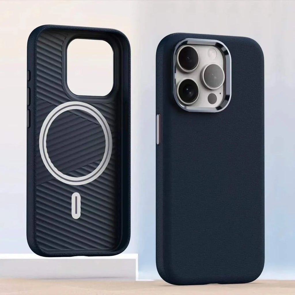 Plain leather magnetic phone case for iPhone 12 13 14 15 series, black colour, magnetic absorption feature