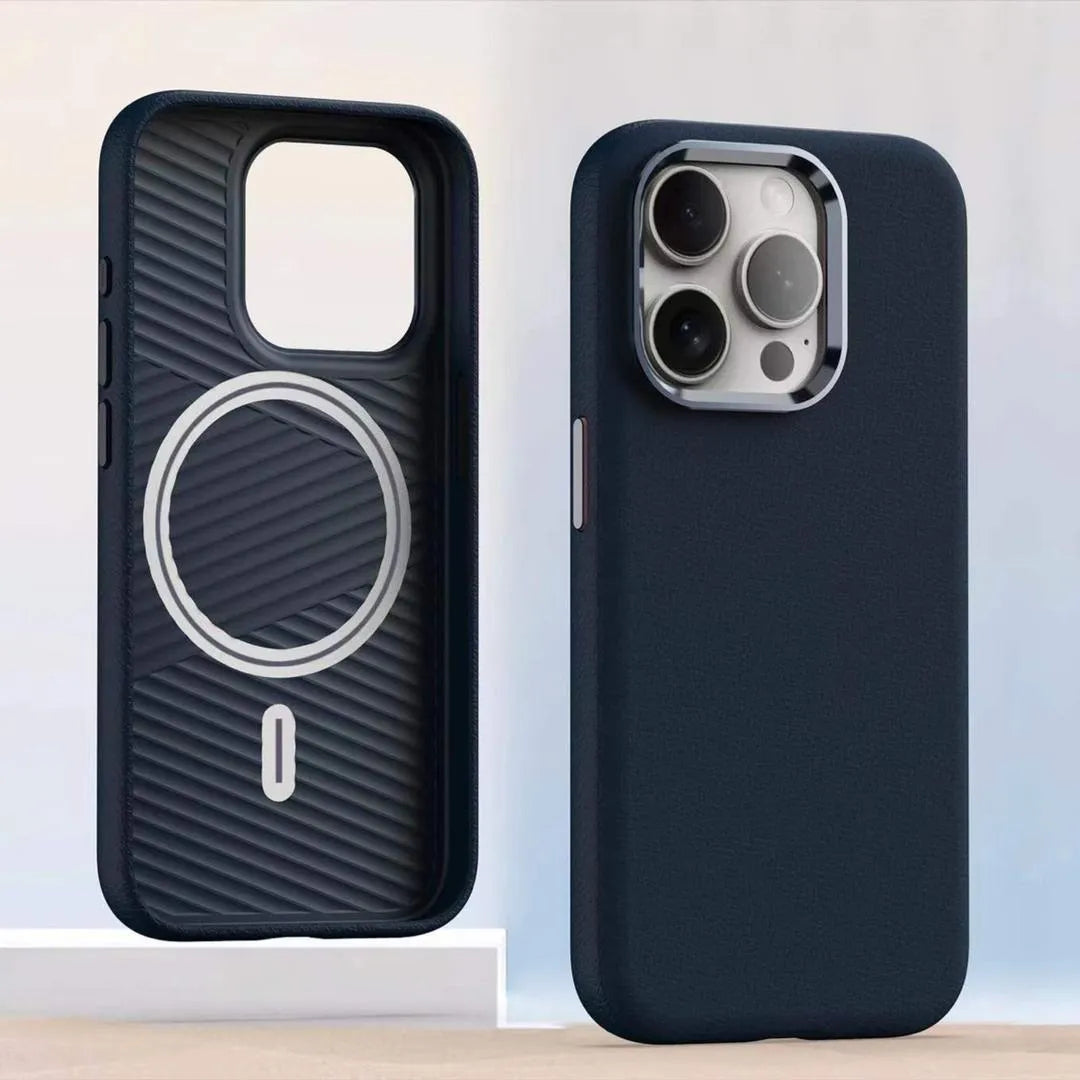 Plain leather magnetic phone case for iPhone 12 13 14 15 series, black colour, magnetic absorption feature