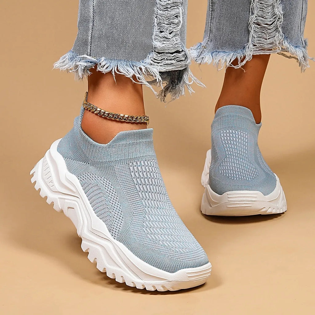 Light blue women's mesh slip-on shoes with round toe and mid heel