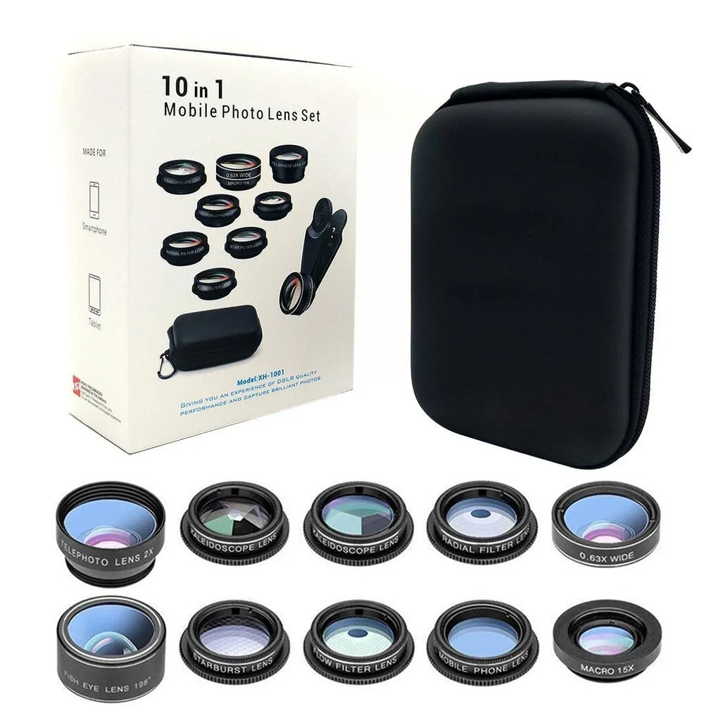 Black ten-in-one smartphone camera lens kit with aluminium-magnesium alloy body on a table.