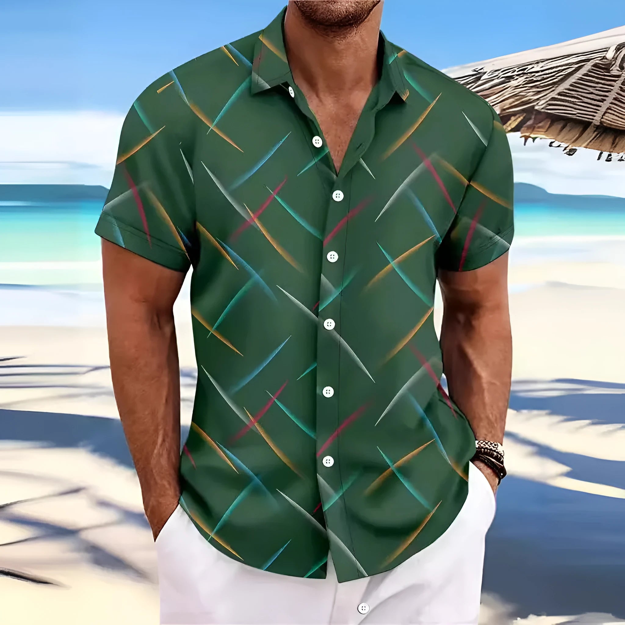Summer men's striped feather beach short sleeve button shirt in loose cardigan style polyester fabric