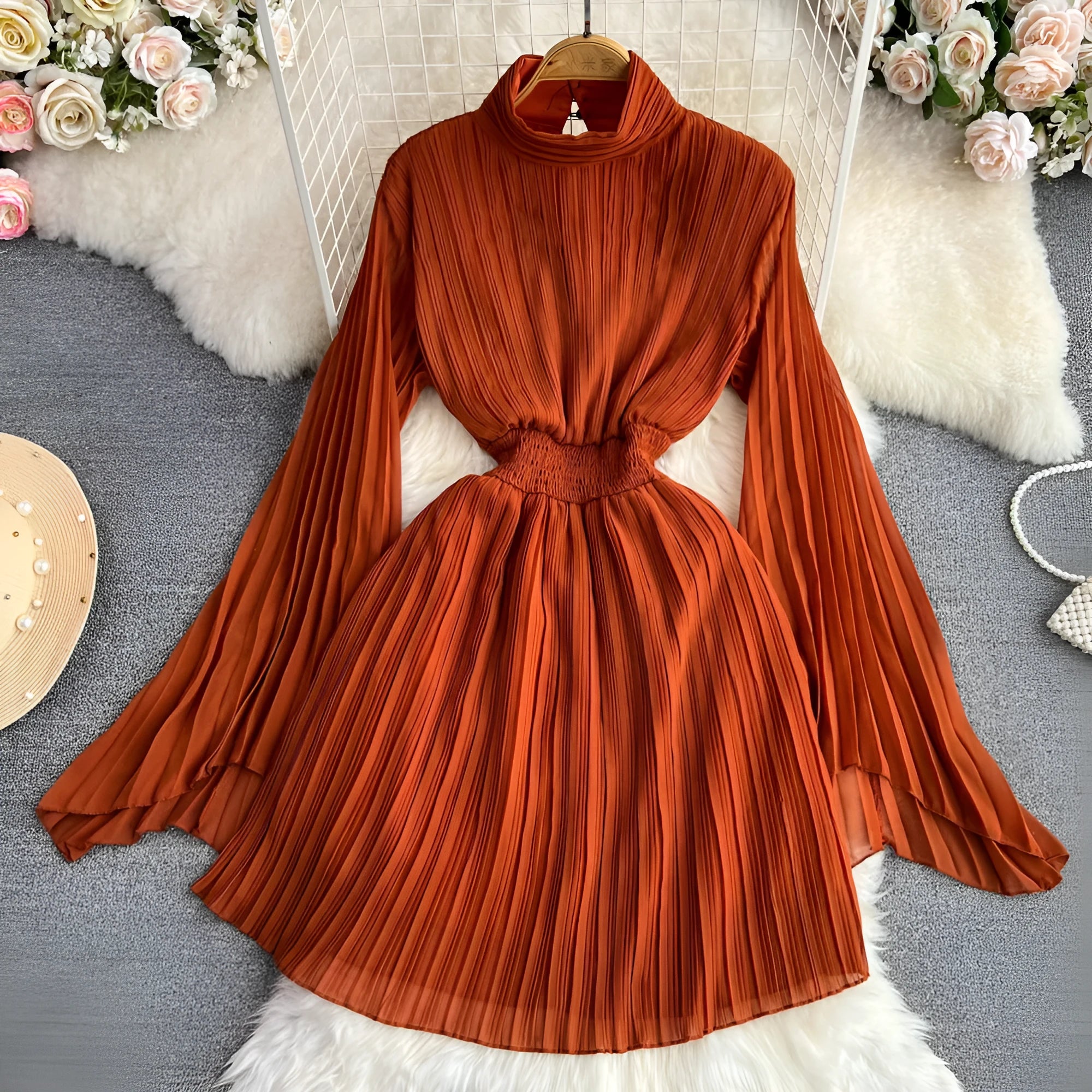 Horn long sleeves stand collar waist A-line chiffon dress in midi length, available in multiple colours