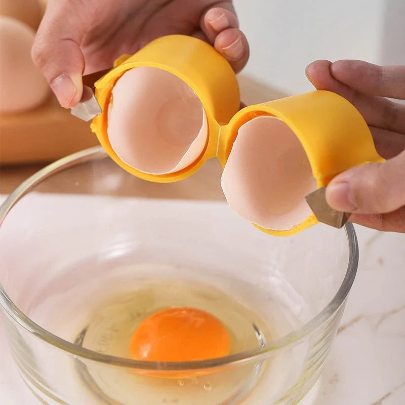 Hassle-Free Egg Cracker and Beater in vibrant colors, featuring a simple press-and-release mechanism for easy egg separation.