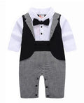 Boys' long-sleeved gentleman romper in black with formal collar, front view, available in sizes 70-95