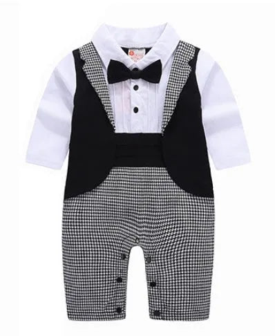 Boys' long-sleeved gentleman romper in black with formal collar, front view, available in sizes 70-95