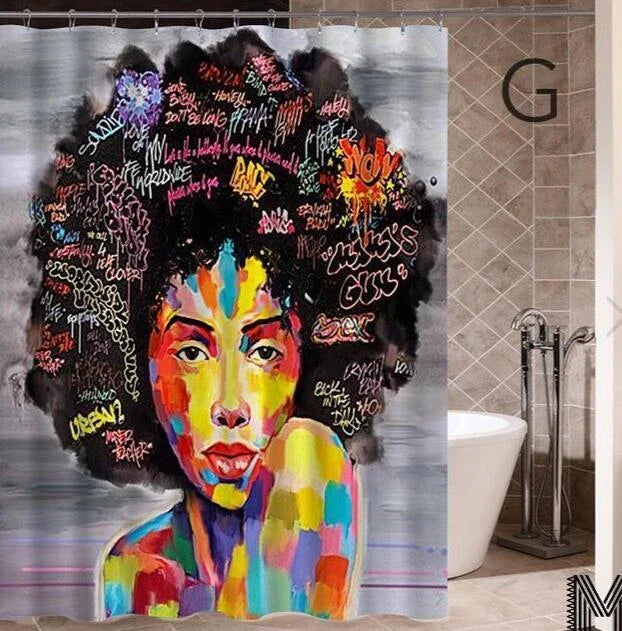 Vibrant Afro-urban printed shower curtain with modern building and African girl design