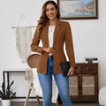 Brown single-breasted leisure suit coat with lapel collar and long sleeves laid flat.