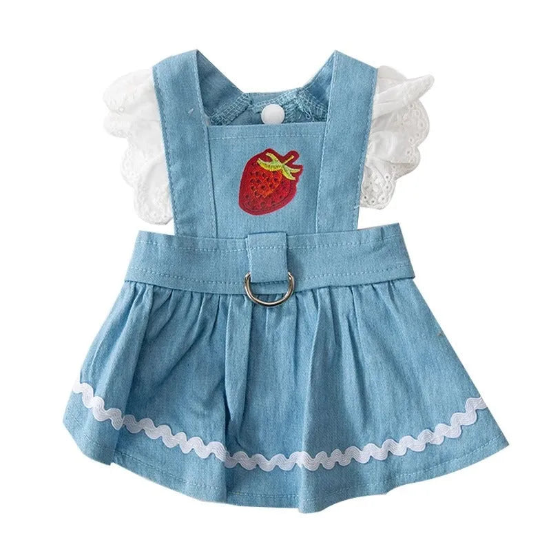 Bondi Blue denim-style dog skirt with a red strawberry appliqué on the front.