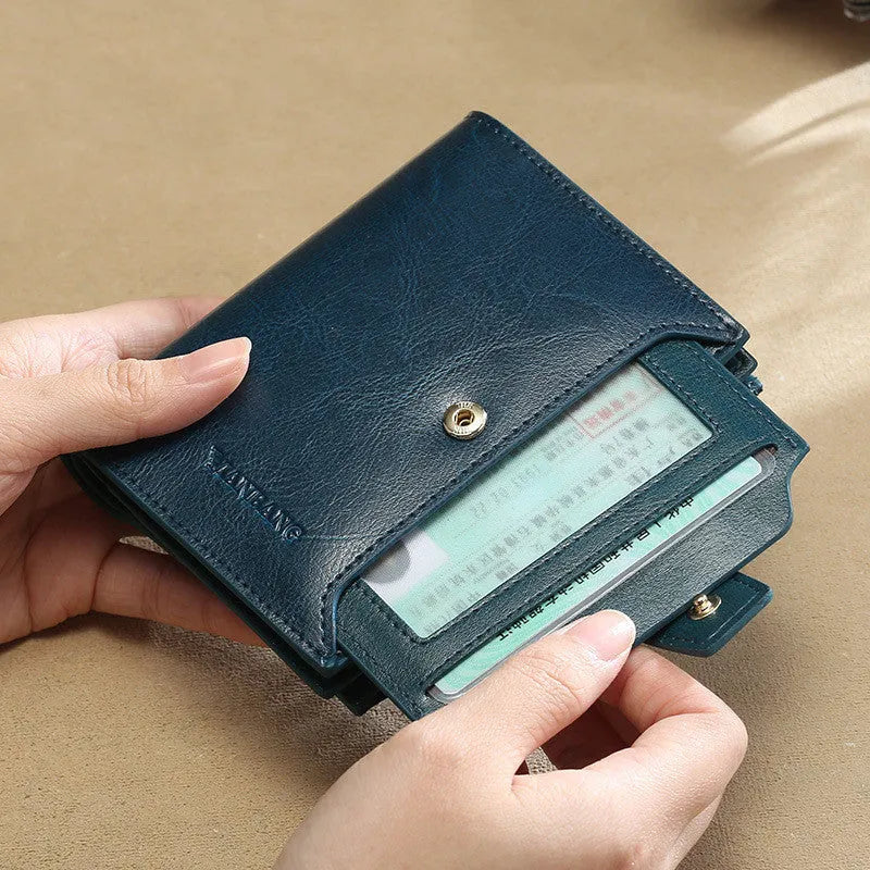 Blue genuine leather anti-theft card swiping coin purse with sewing thread detailing and zipper hasp