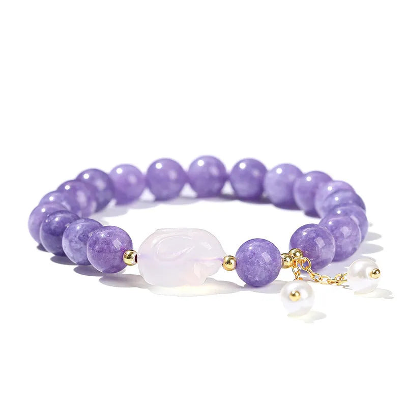 Purple aquamarine chalcedony lychee jelly agate rabbit bracelet with geometric beads
