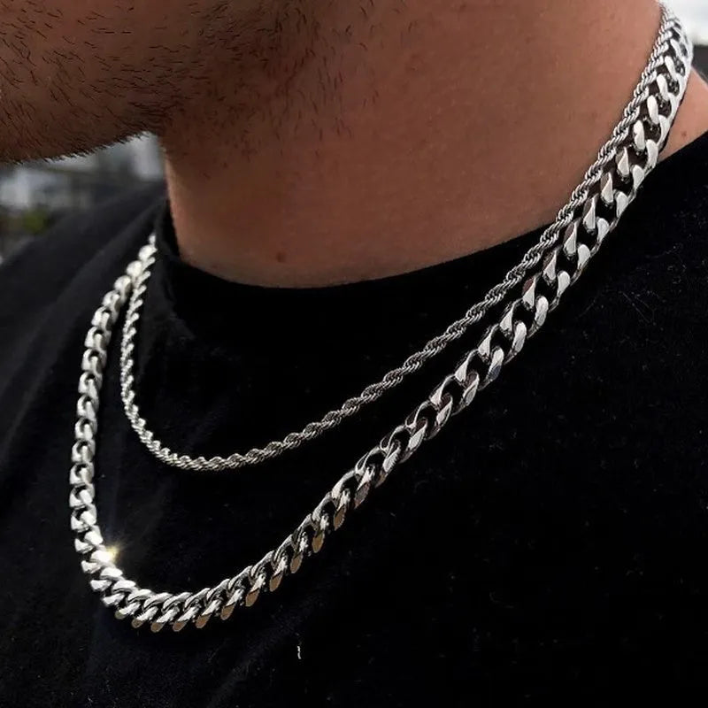 Silver stainless steel cube rope chain men necklace 20 inch length on white background