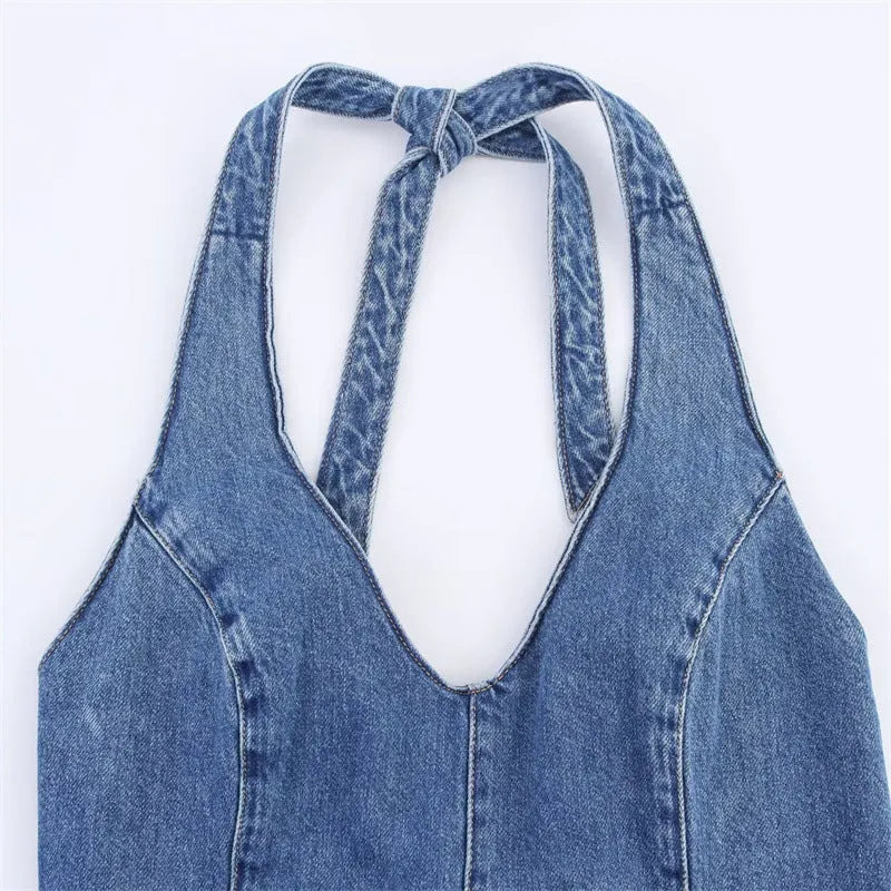 Off-the-shoulder backless halter neck denim dress for women with lace-up front and A-line skirt in picture colour