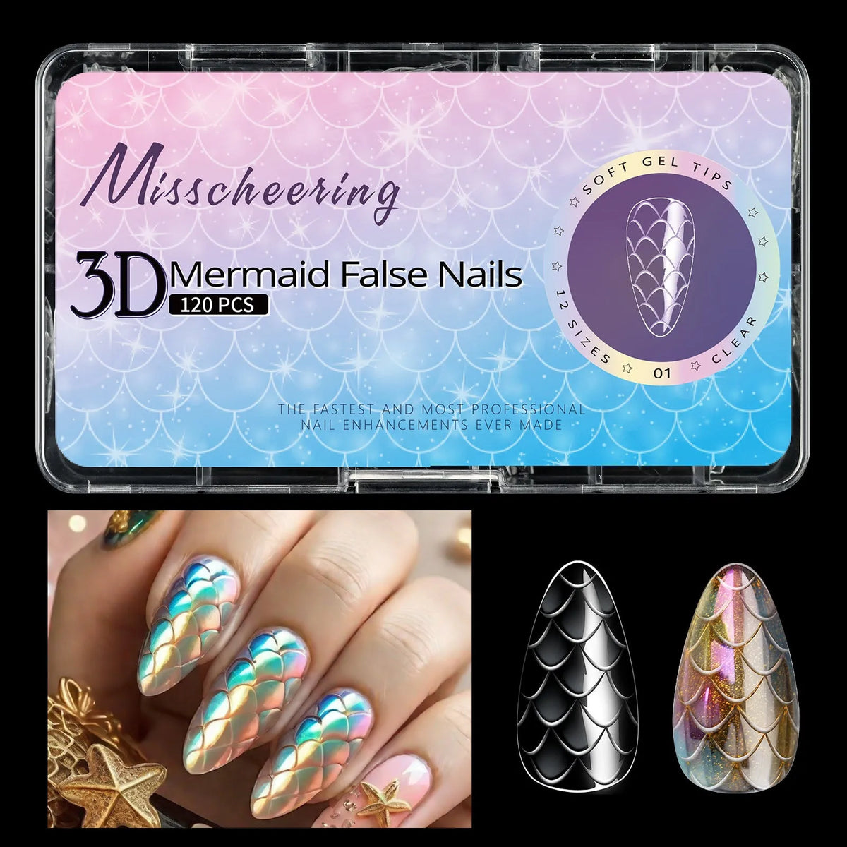 3D scale long shaping nail tips in multiple colour sets for professional nail extensions
