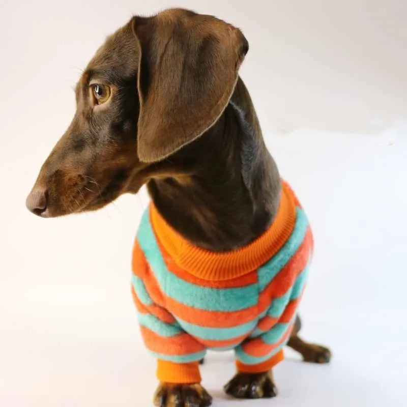 Orange red and white striped round neck casual sweatshirt for a dog or cat on a mannequin.