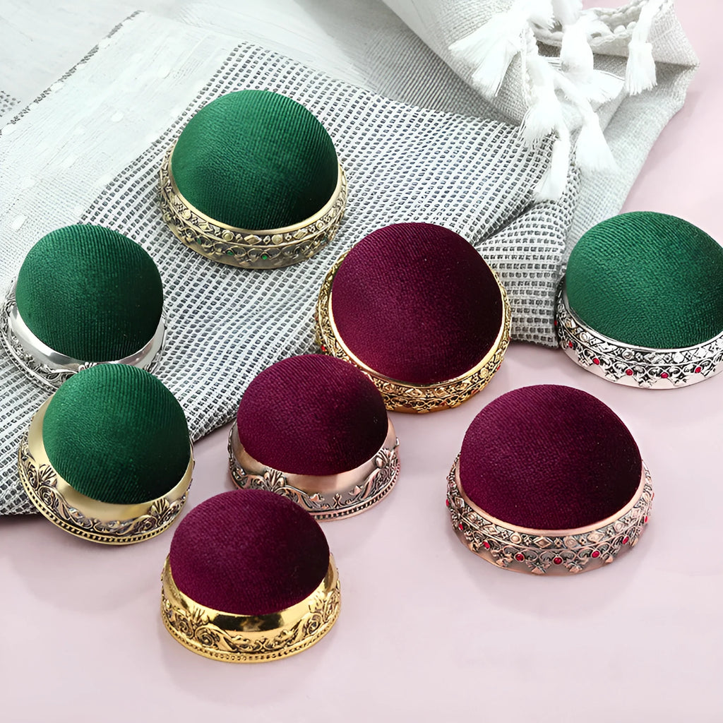 Retro velvet pin cushion with alloy pin insert for needle ball head pins and cross stitch sewing accessories
