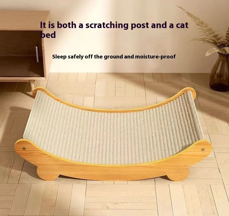 A pastoral-style sisal cat scratch board shown in two available sizes on a wooden floor.