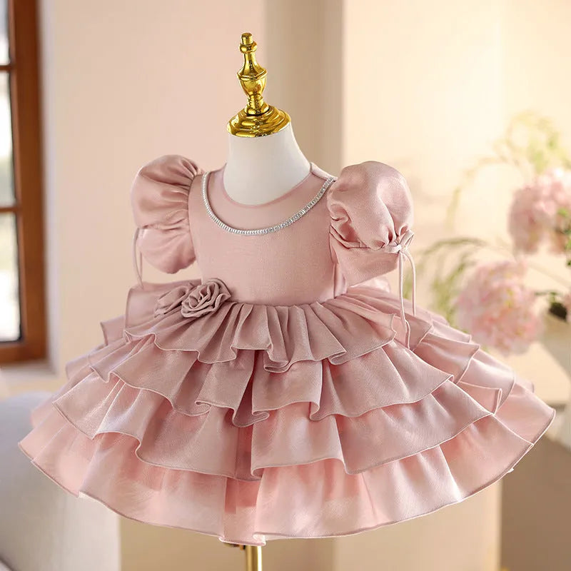 Girls pink princess piano performance dress with polyester lining, available in heights 80cm to 150cm