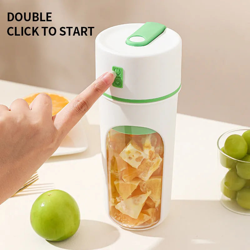 Portable electric juicer blender with USB charging in blue, green or orange colours showing 400ml capacity cup
