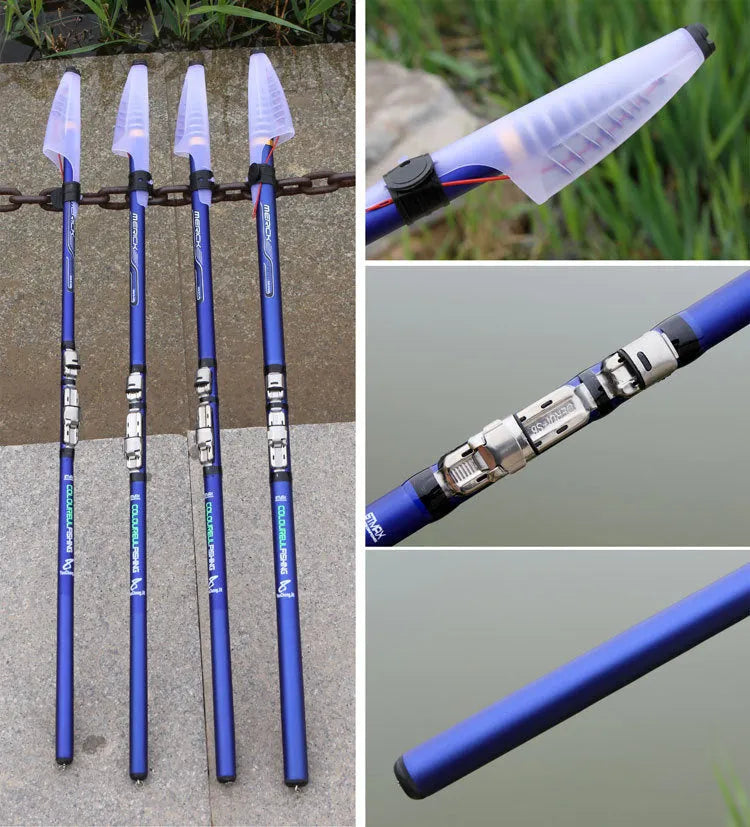 Blue carbon rock fishing rod telescopic design on rocky shore for sea fishing