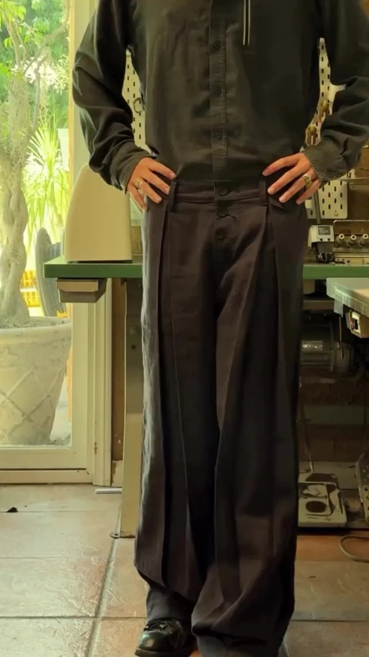 Black casual single-breasted linen wide-leg pants, full-length, regular fit, sizes S to 2XL.