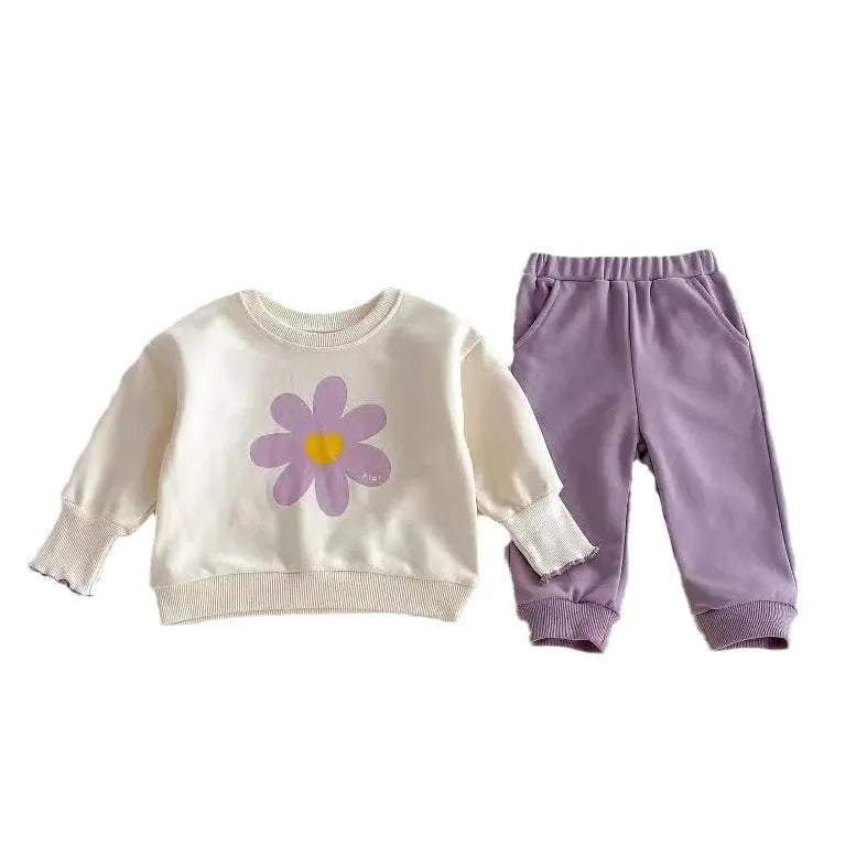 Purple baby girl two-piece set with flower sweatshirt and sweatpants in cotton, sizes 73cm to 110cm