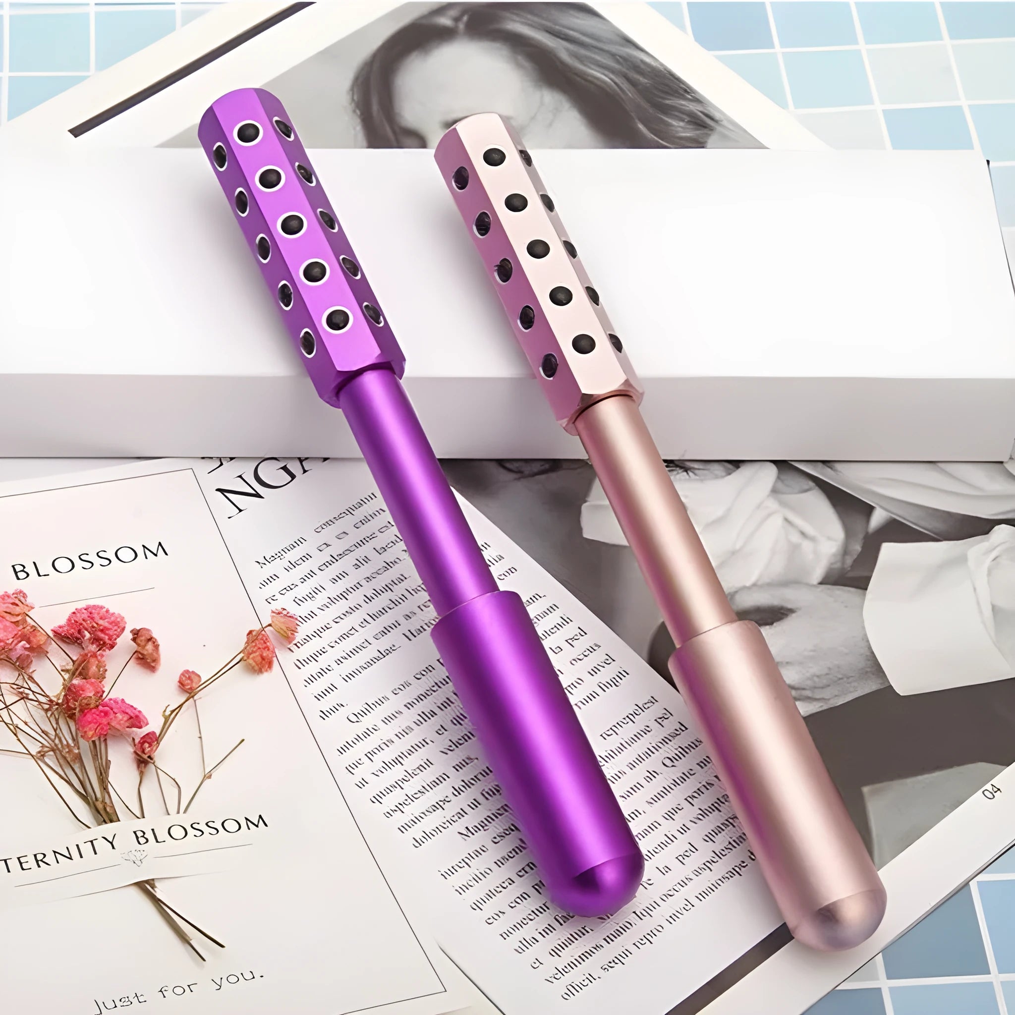 Purple germanium particle facial massage roller instrument approximately 193mm long