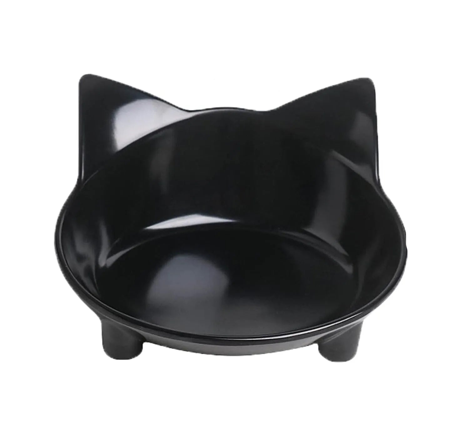 Set of four shallow black melamine pet bowls with non-slip rubber bases