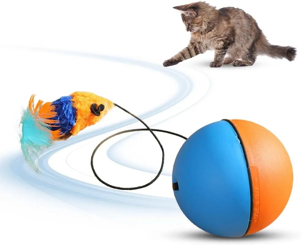 Blue and orange automatic rolling ball pet toy for cats and dogs on a wooden floor.