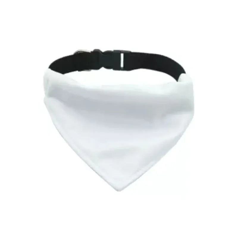 Blank white polyester dog bandana scarf laid flat, showing its triangular shape.