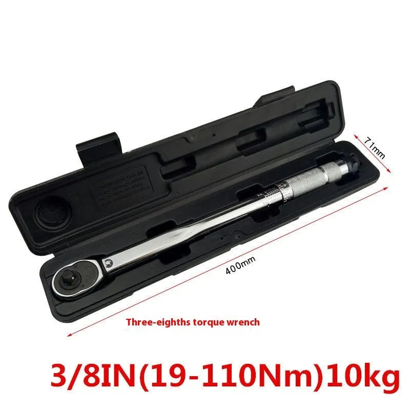 Five-piece multifunctional torque preset torque wrench set with extension rods on a workbench