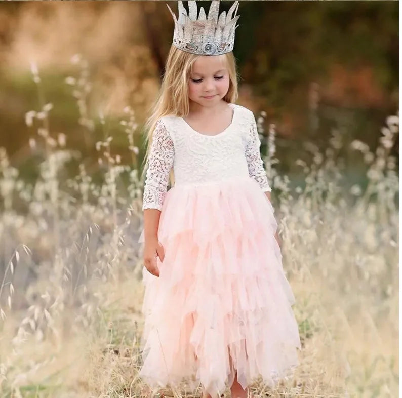 Girls white princess dress with lace sleeves and hollow pattern in cotton blend fabric