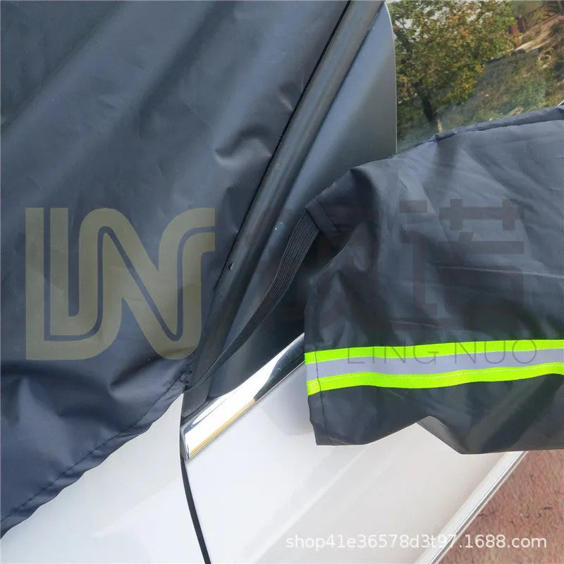 Magnetic car snow shield in black or silver, shown covering a car windscreen, available in 215x150x125cm and 245x180x145cm.