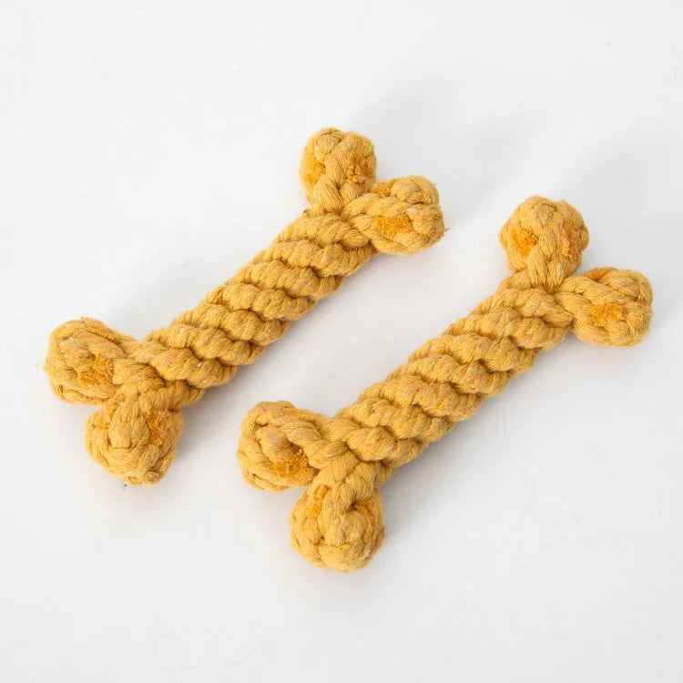 Cotton rope knot dog bone toy approximately 15cm long in blue colour on white background