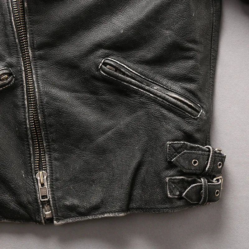 Men's distressed stand collar cropped slim leather jacket in black cowhide
