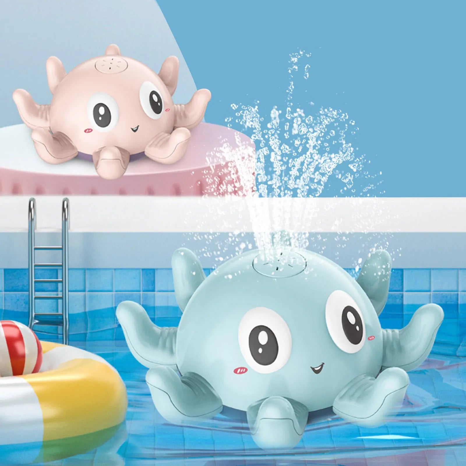 Blue octopus automatic water spray bath toy with flashing lights for children's bath time