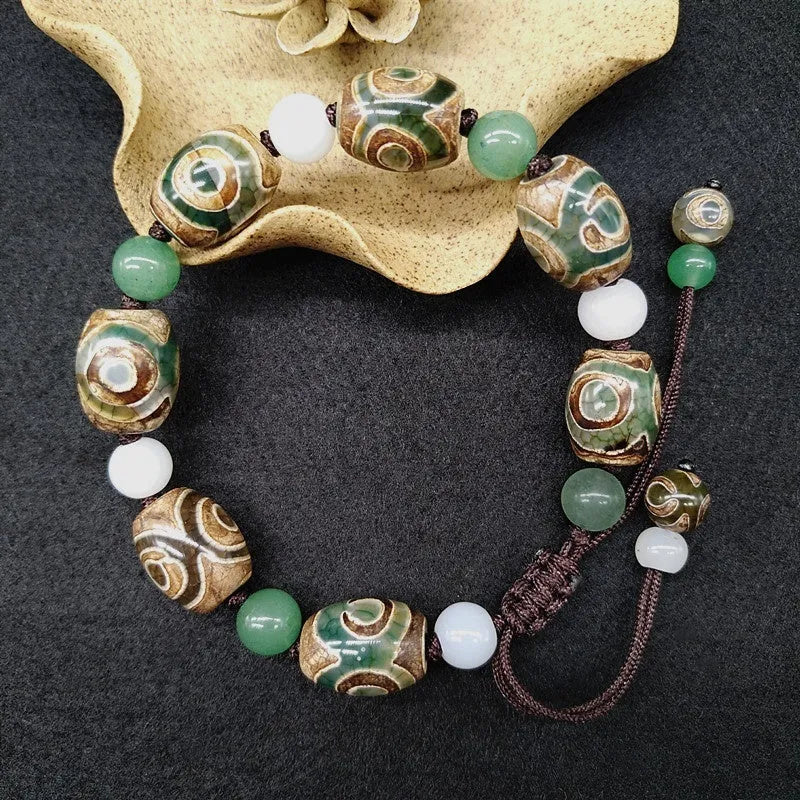 Green agate Tibetan beads bracelet with three-eye design and adjustable cord