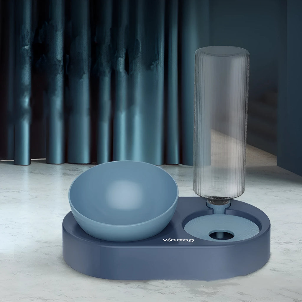 Double bowl automatic dog cat feeder with 600ml water dispenser, raised adjustable plastic base in dark blue