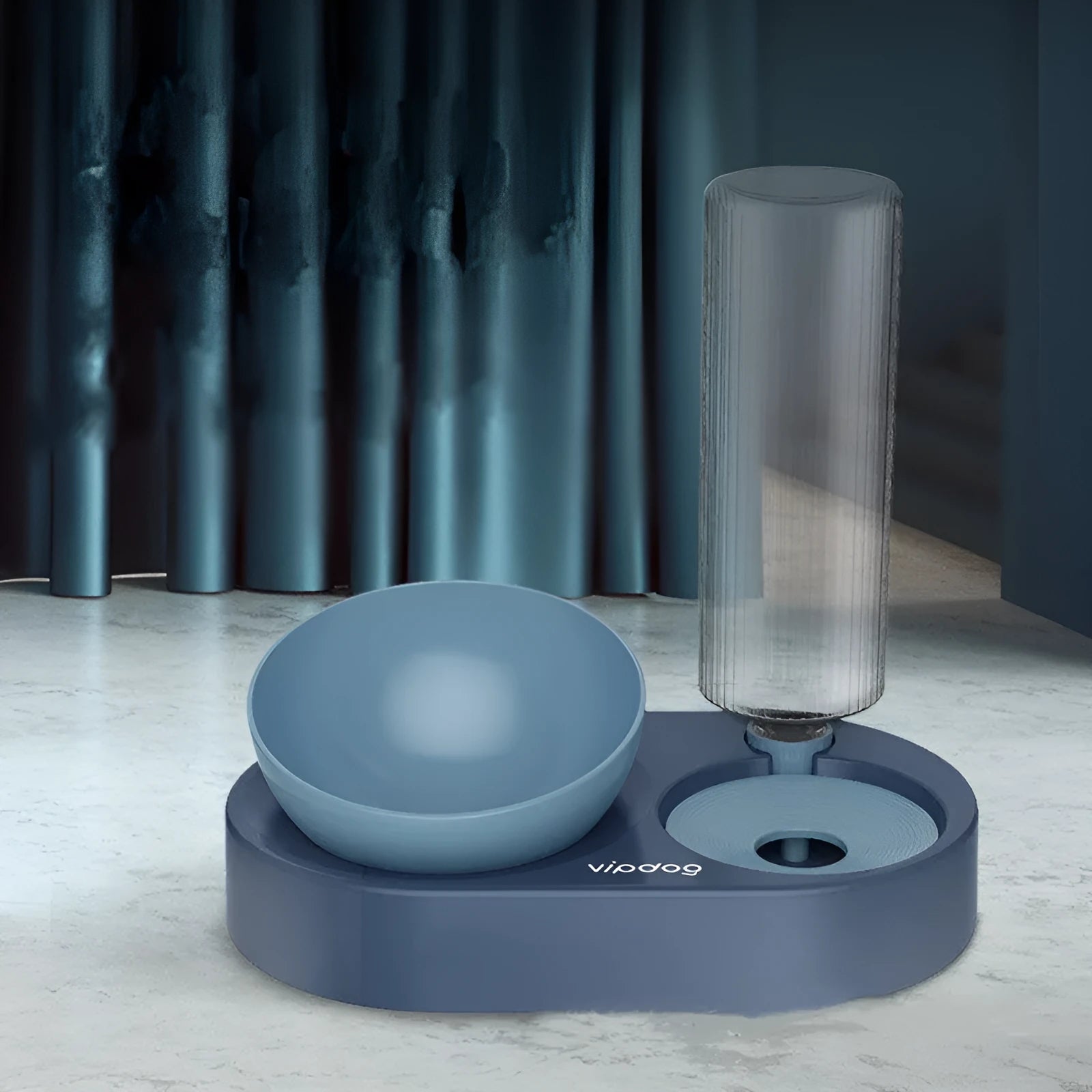 Double bowl automatic dog cat feeder with 600ml water dispenser, raised adjustable plastic base in dark blue