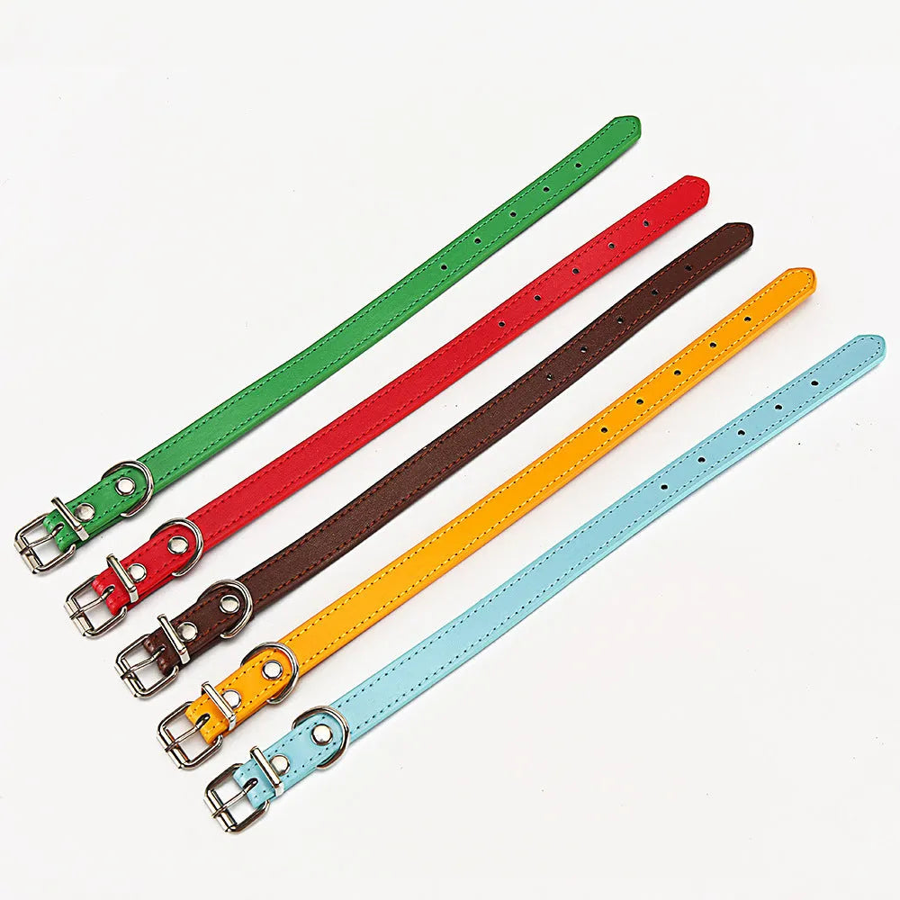 PU dog collar in coffee, sky blue, gold, green, or red, available in sizes S 1.0x30 and M 1.5x30
