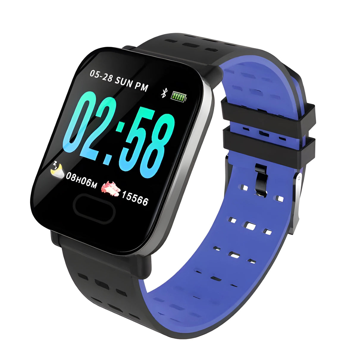 Blue A6 smart bracelet with colour screen on a wrist, showing heart rate data.