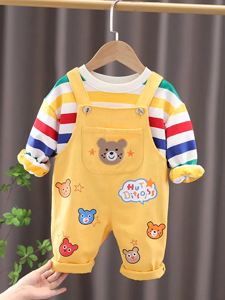 Boys' yellow beige plaid cotton overalls suit with button-up shirt and strap trousers