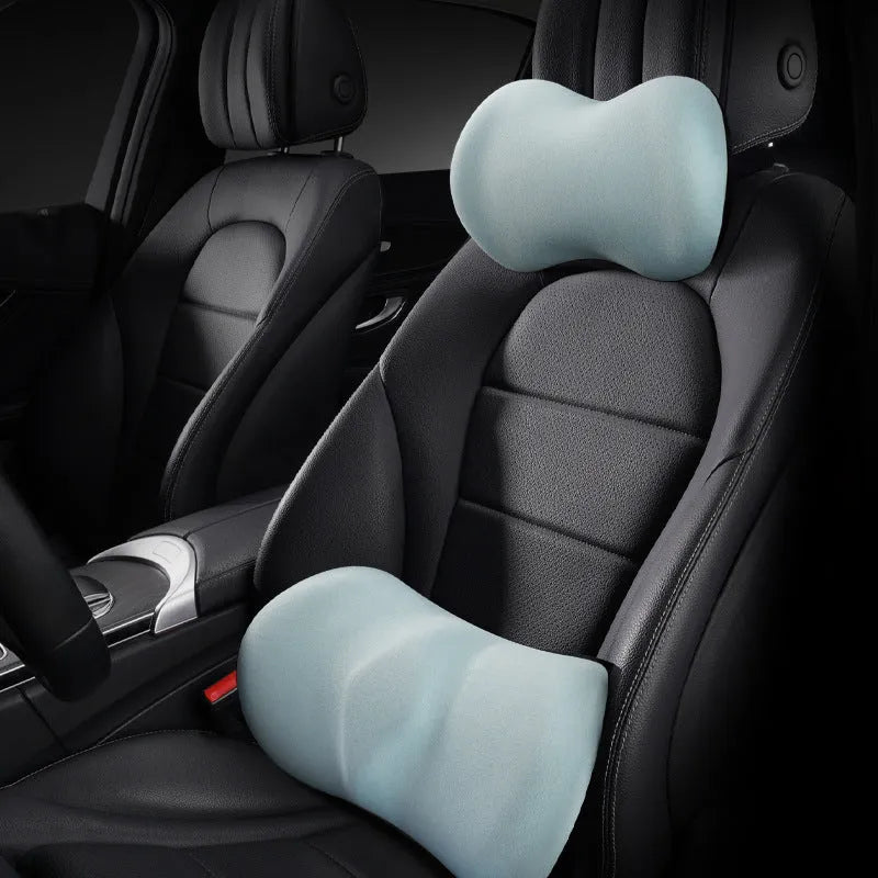 Car seat headrest and lumbar support pillows in black, grey, pink, green, and yellow colour options