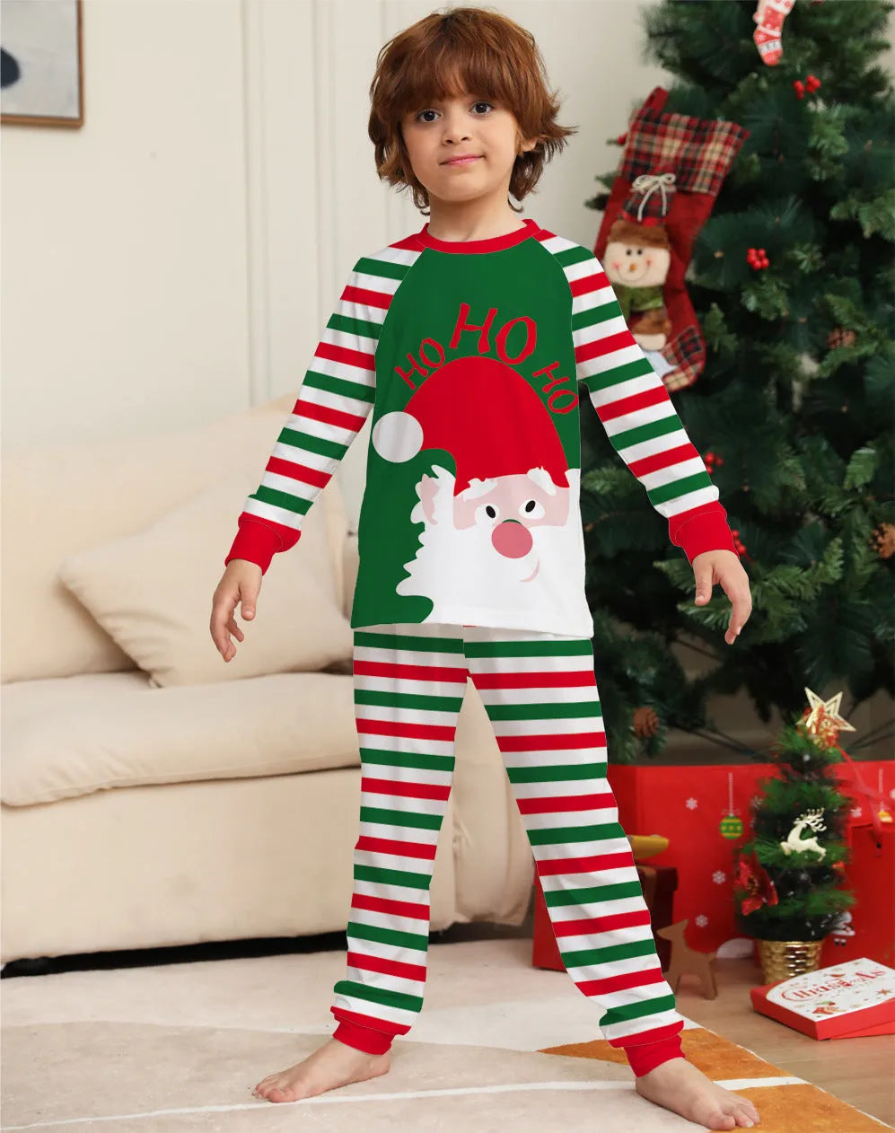 Red stripe family Christmas pajamas matching set with long sleeves on a white background