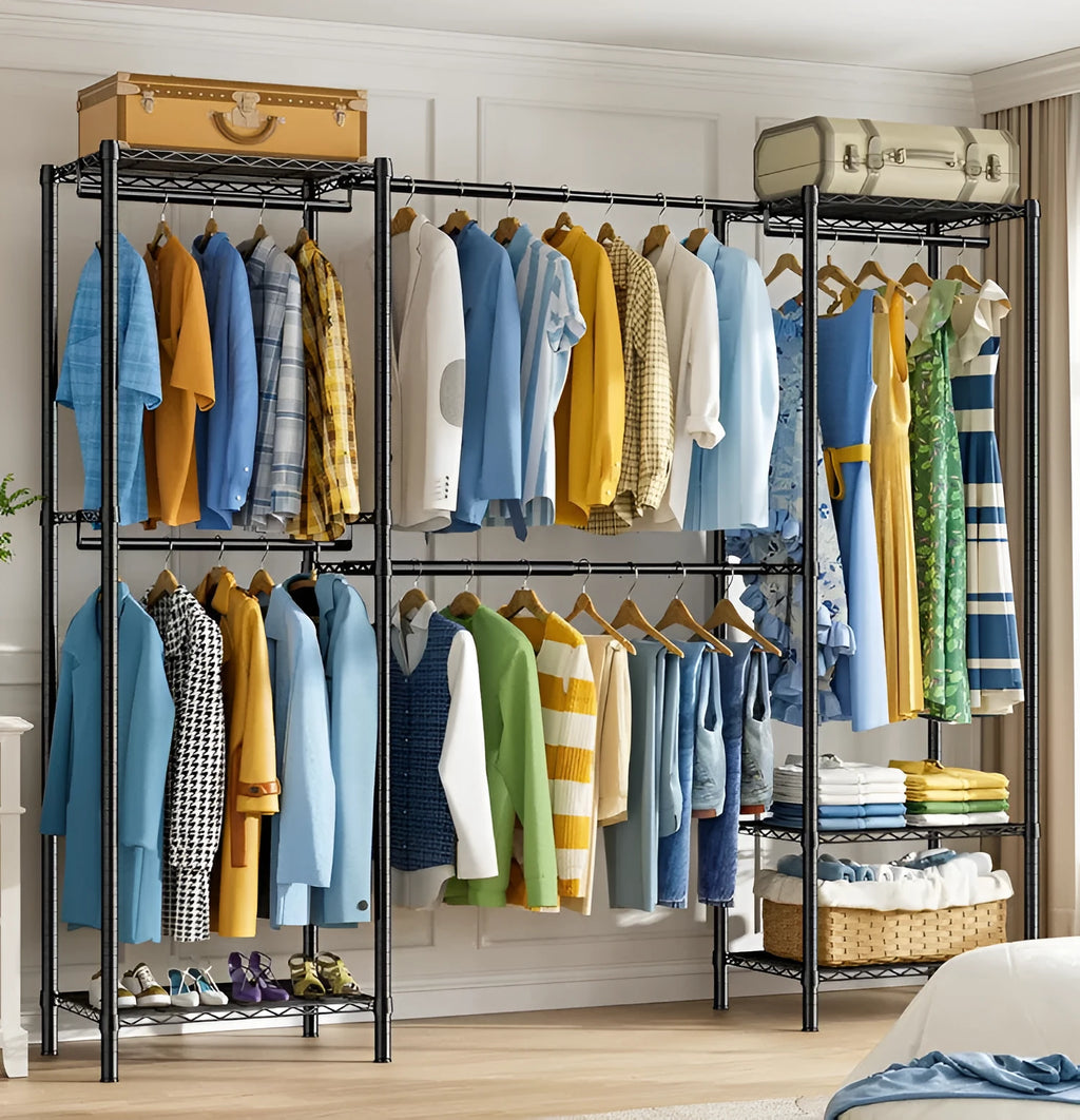 Black freestanding metal clothes storage rack with long hanging rail.
