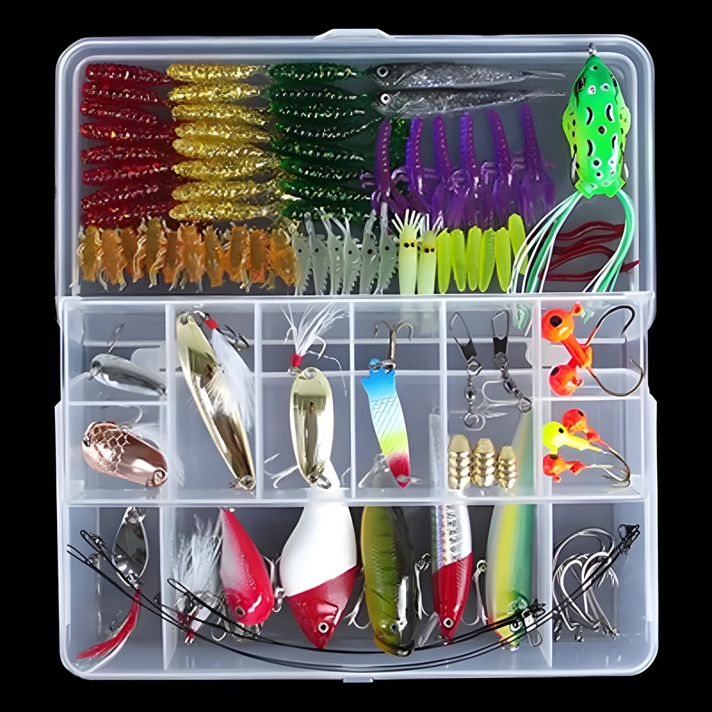 100-piece freshwater fishing lure set featuring Mino, VIB, spoon, and soft baits with silicone oil coating
