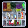 100-piece freshwater fishing lure set featuring Mino, VIB, spoon, and soft baits with silicone oil coating