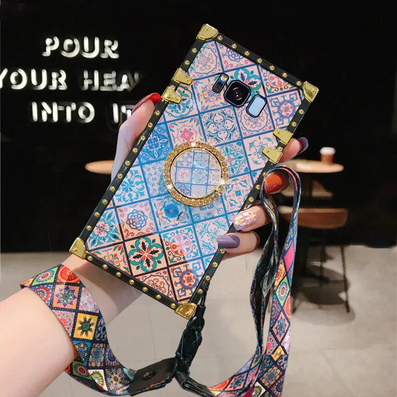 Samsung phone case in bohemian style with blue light mirror frame on a luxury square silicone cover.
