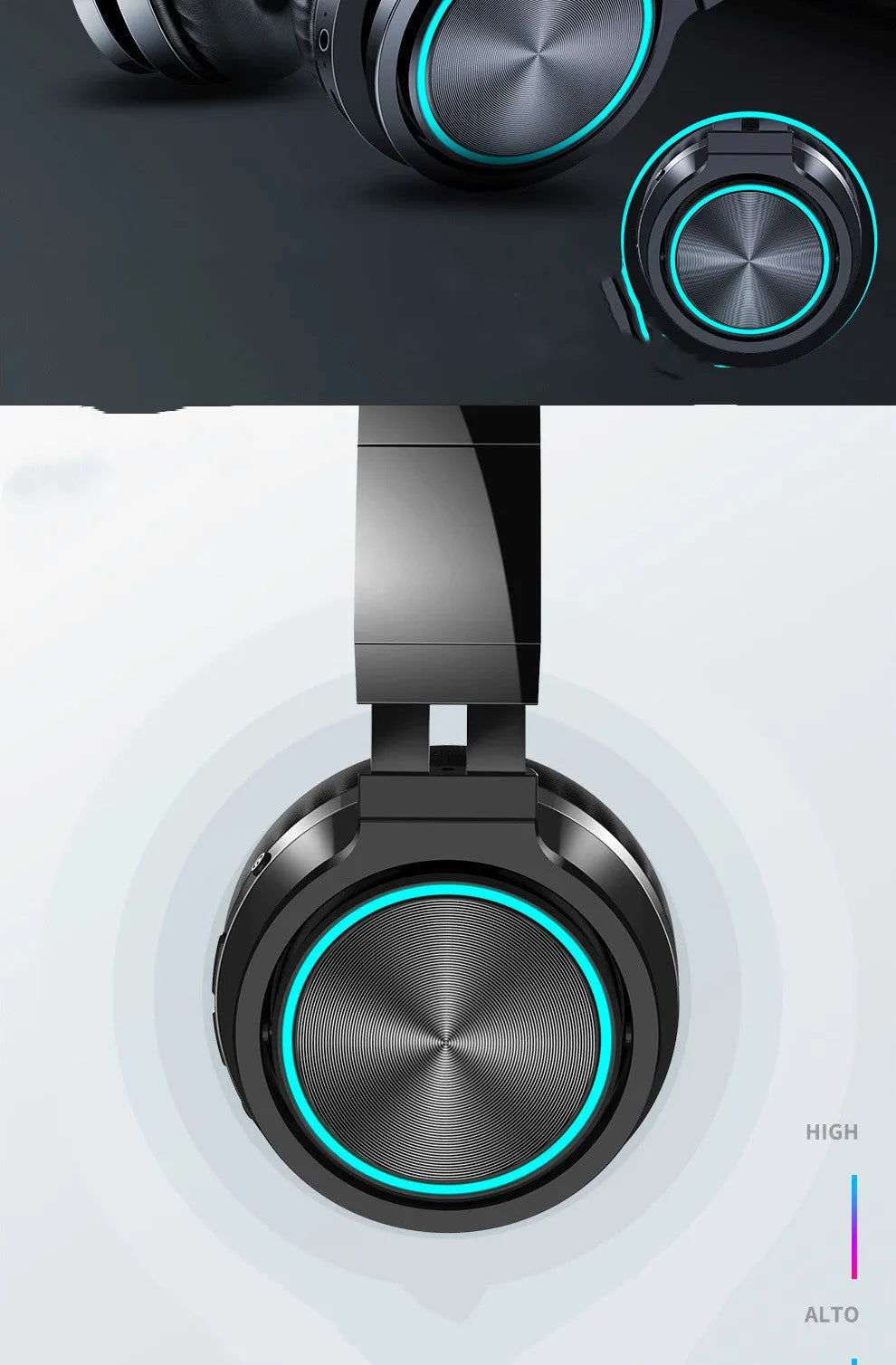 B12 wireless folding Bluetooth headset shown in black, black and red, and white and grey colour variants.