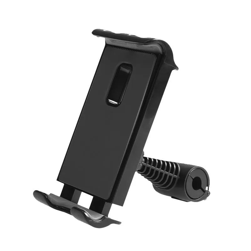 Black universal car headrest holder mounting a tablet for rear seat passenger use